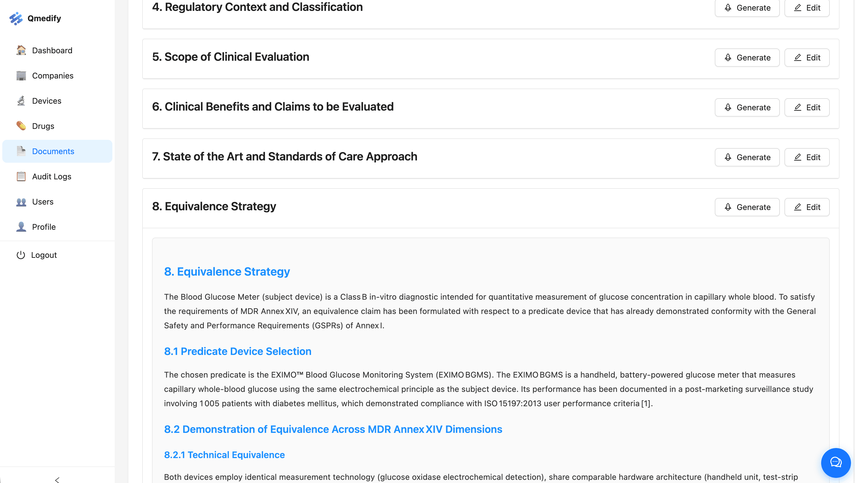 Qmedify document editor showing an AI-generated Equivalence Strategy section of a Clinical Evaluation Report