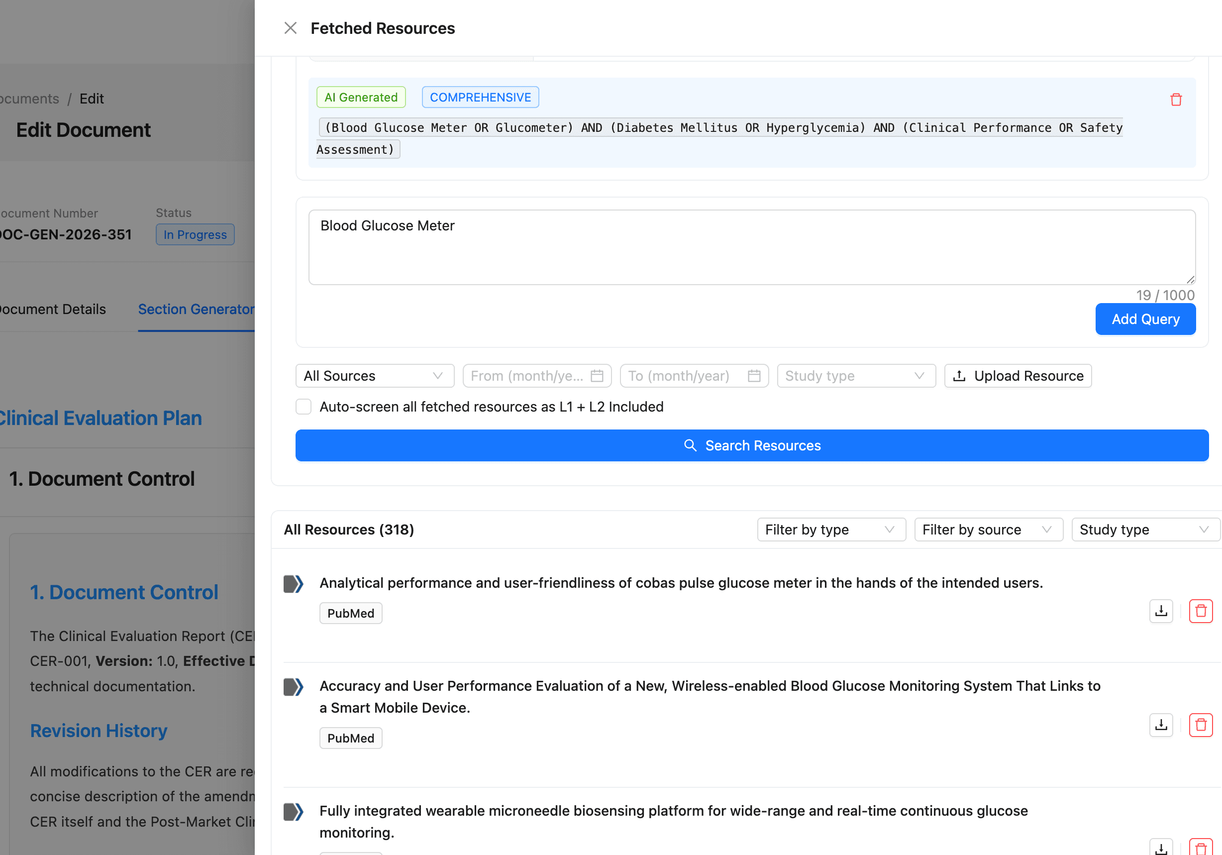 Qmedify literature search interface with an AI-generated query and 318 fetched resources from PubMed