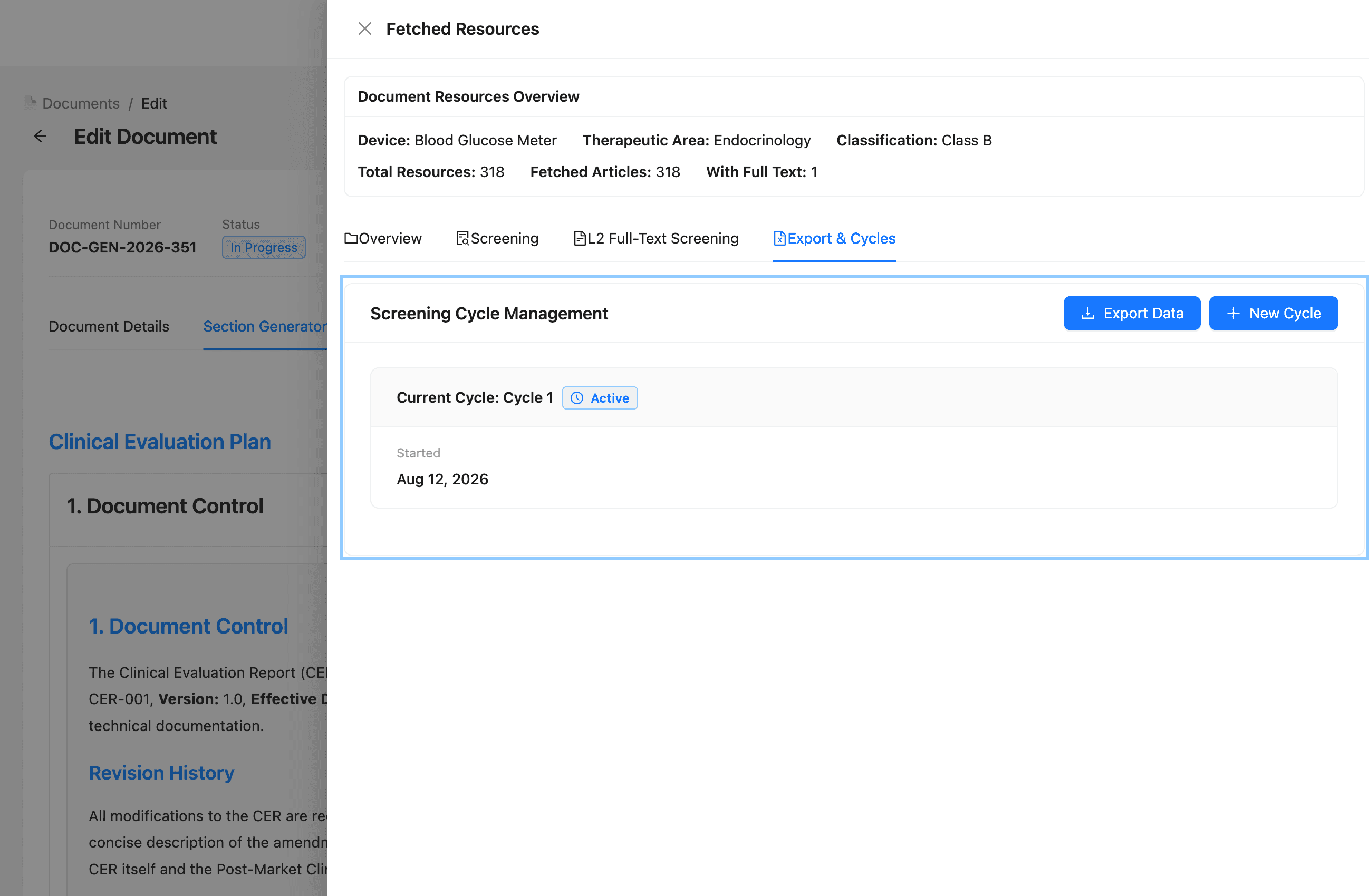 Qmedify screening cycle management panel showing an active screening cycle and export options